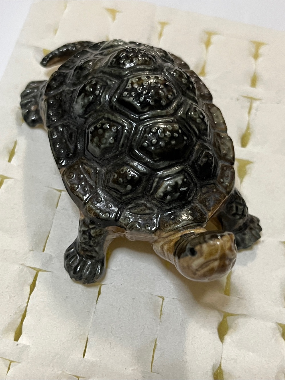 Glazed Ceramic Turtle Figurine in Black and Brown